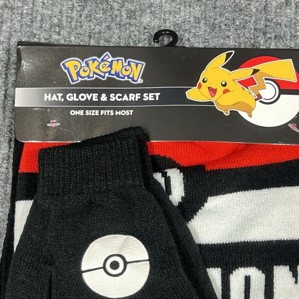 Pokemon Hat Glove & Scarf Set Bioworld One Size Fits Most Unisex Black Red - Picture 4 of 9